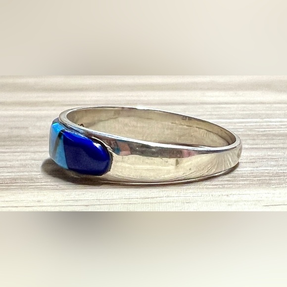 Native American Designer (8M) Sterling Silver Opal Lapis Onyx Inlay Band Ring - Picture 3 of 10